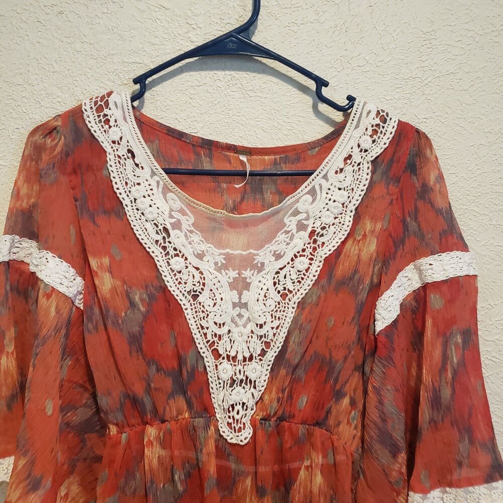 Free People Daydreamer Sheer Orange Boho white Lace Blouse Womens Medium - Picture 7 of 7